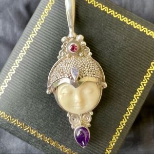 Bali Goddess Pendant, Amethyst, Ruby, Sterling Silver.